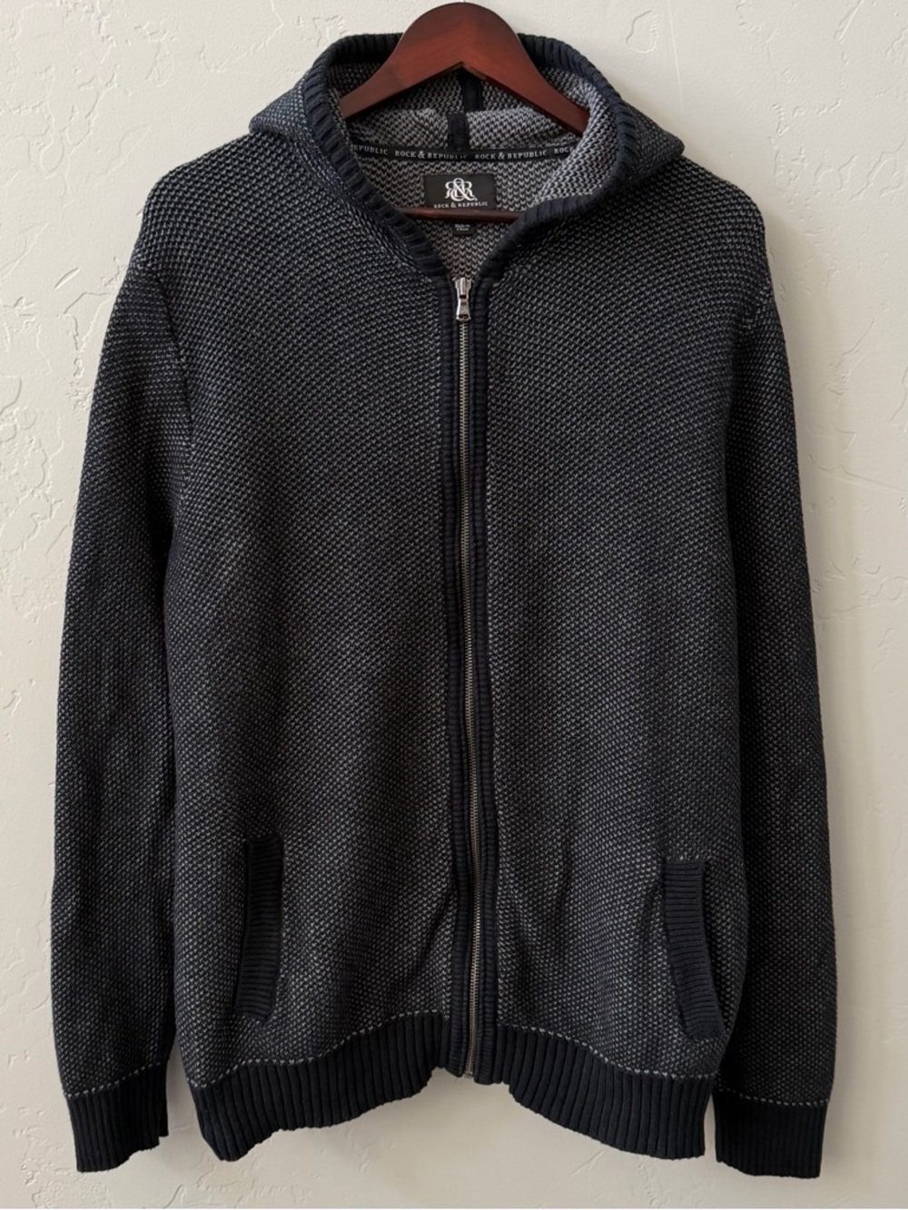 Rock & Republic Knit Hoodie 2XL Heavyweight Full Zip Cotton Navy - Picture 2 of 12